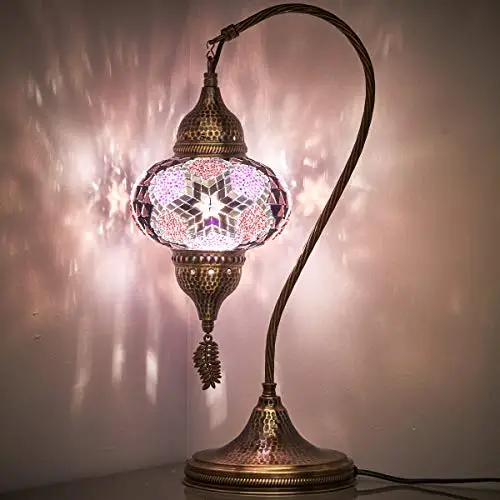 

New LaModaHome Stunning Handmade Turkish Moroccan Mosaic Glass Table Desk Bedside Lamp Light with Bronze Base Purple