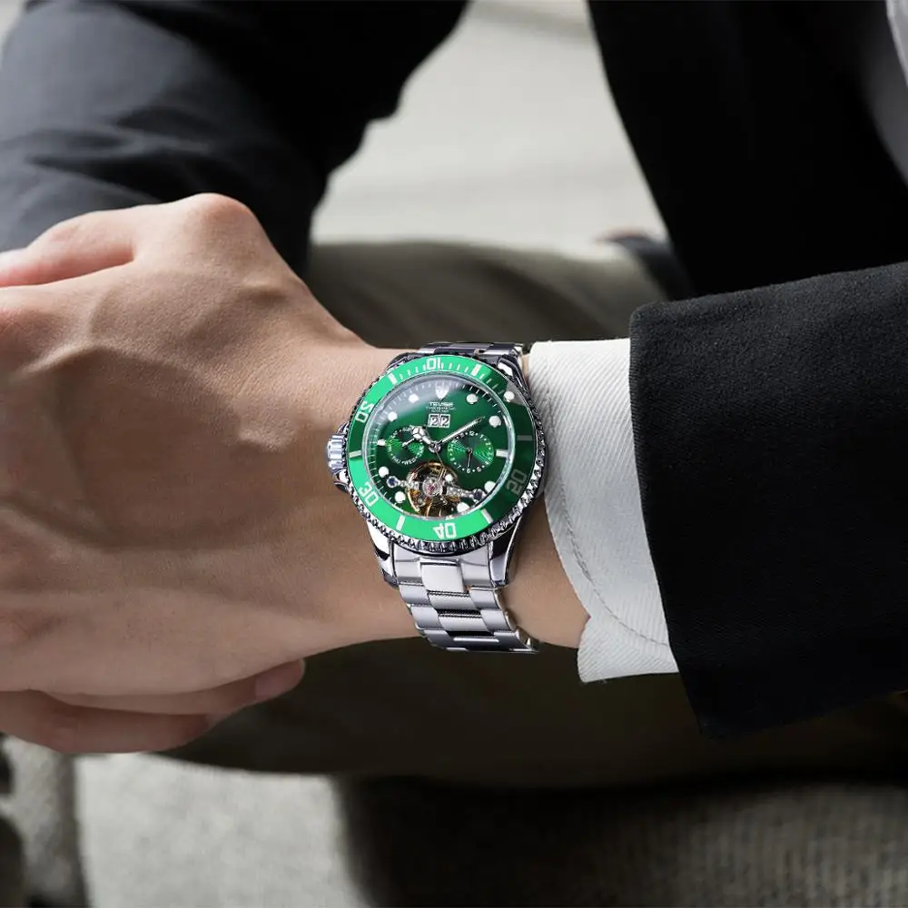 TEVISE 2020 Design Green Bezel Tourbillion Design Men Mechanical Automatic Sport Business Wristwatch Top Brand Luxury Male Clcok