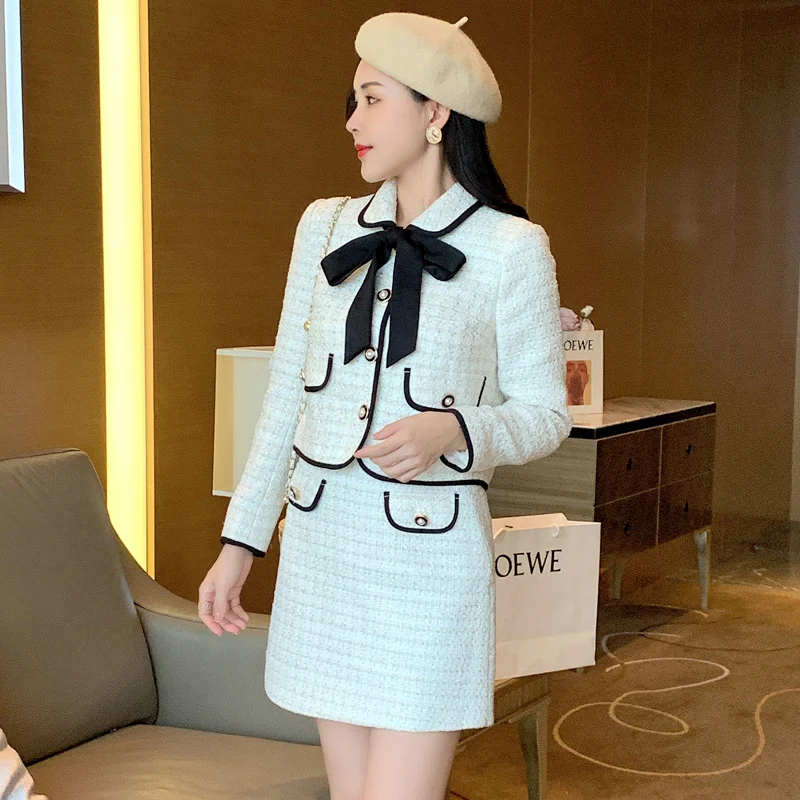 Runway Autumn Winter Tweed Two Piece Set Women Bowknot Lace-Up Woolen Short Jacket Coat + Casual A Line Skirt Suits