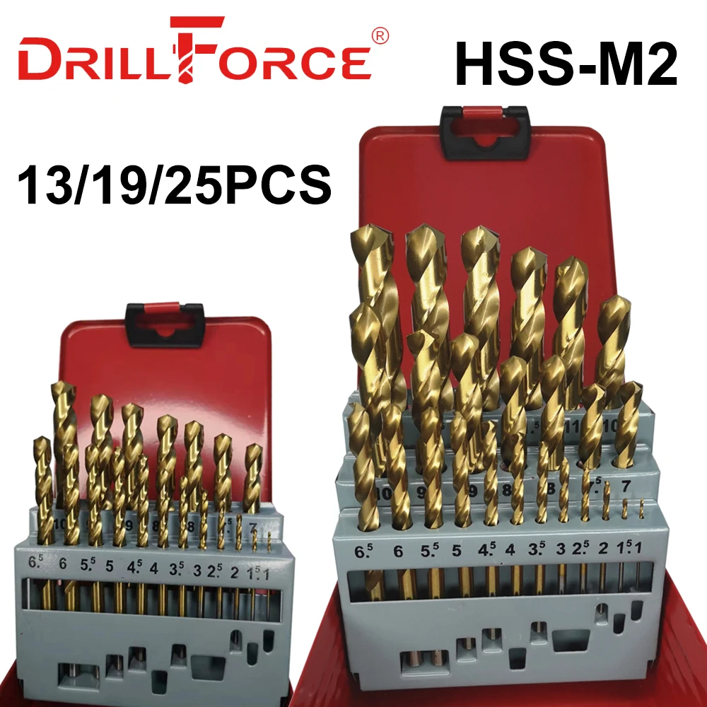 DRILLFORCE HSS M2 wiertło z powłoką tytanową 13/19/25 sztuk do metalu zestaw wierteł do obróbki drewna akcesoria do elektronarzędzi