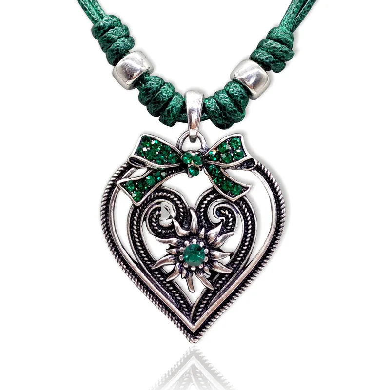 Fashion Heart Bow Pednant Necklace Women Traditional Color Edelweiss Necklace Oktoberfest Party Leather Rope Choker Gift Jewelry