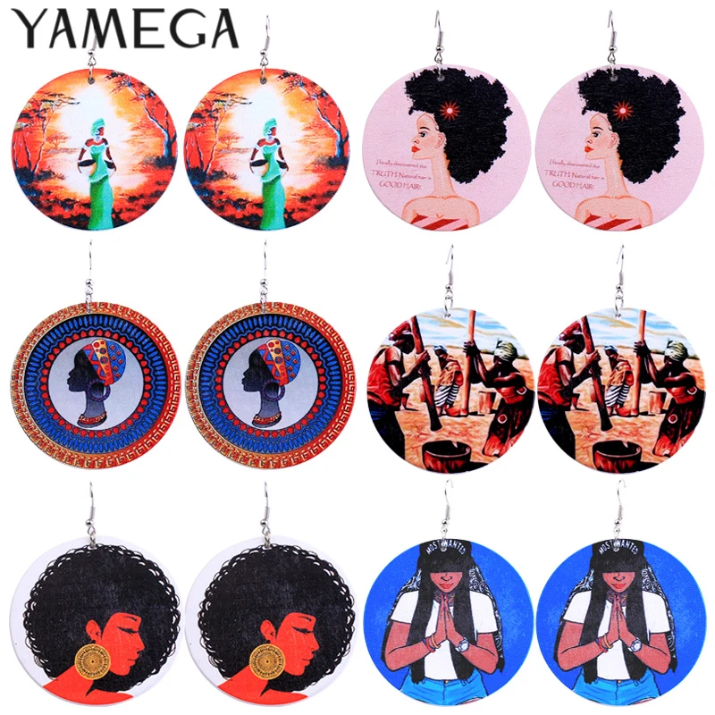 YAMEGA Natural African Wooden Earring Ethnic Painted portrait Statement Earrings For Women  Jewelry Accessories Latest Arrival