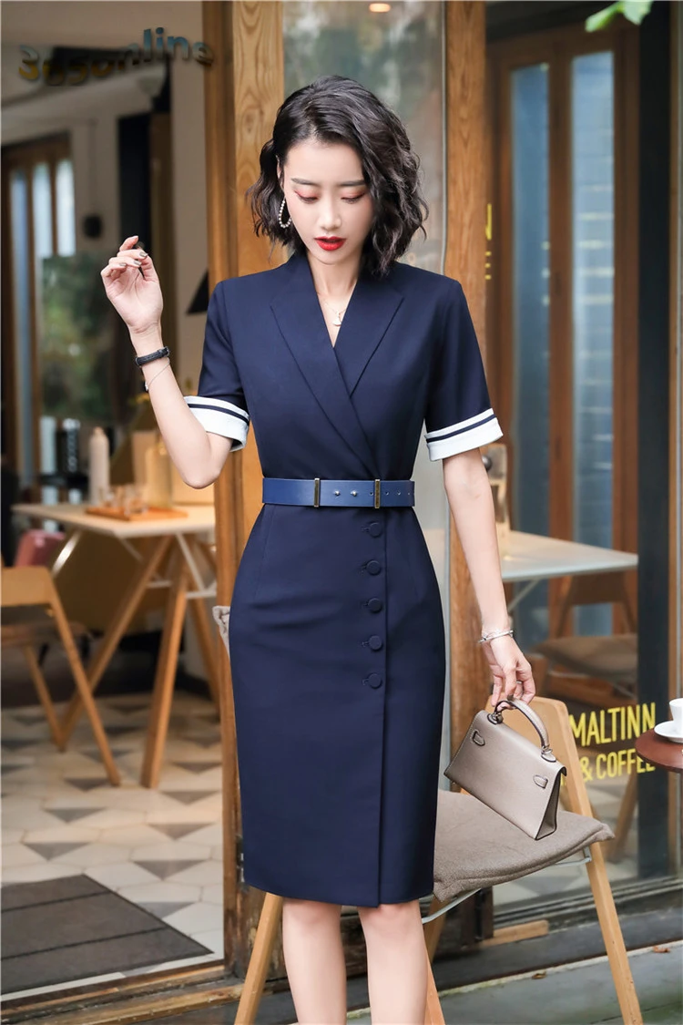 Fashion Elegant Blue Summer Short Sleeve Dresses for Women Office Work Wear Slim Hips Dress Beauty Salon Clothes with Belt