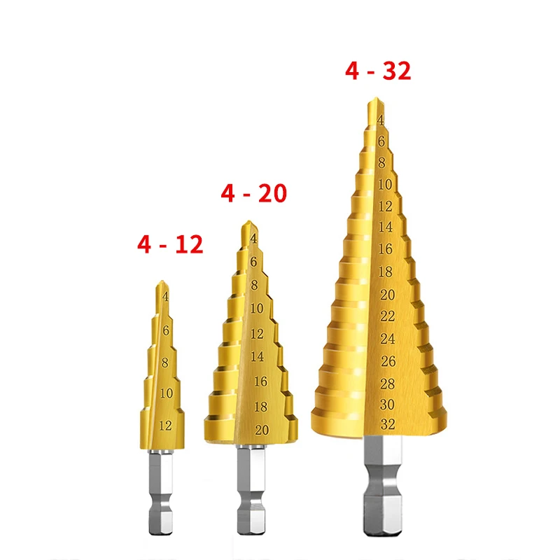 HSS Titanium Bor Bit 4-12 4-20 4-32 Pengeboran Alat Listrik Logam Baja Kecepatan Tinggi Kayu Lubang Pemotong Kerucut Pagoda Langkah Bor