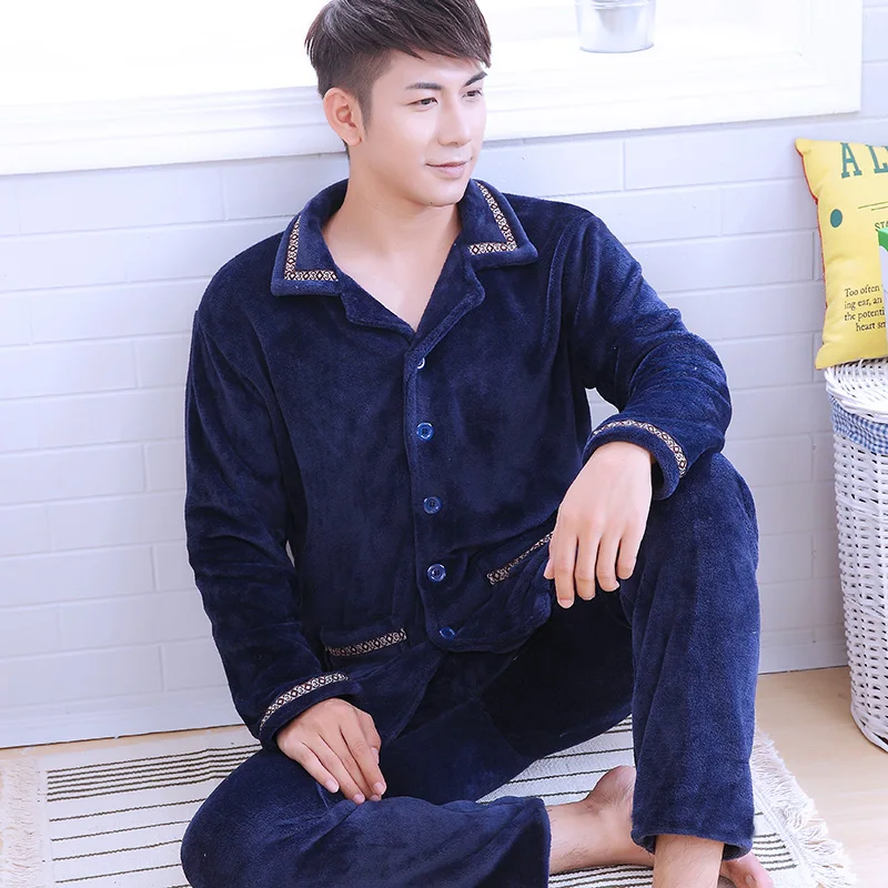 H5752 Fall Winter Coral Fleece Pajamas Men Long Sleeve Flannel Plus Velvet Warm Homewear Suit Male Casual Comfortable Sleepwear