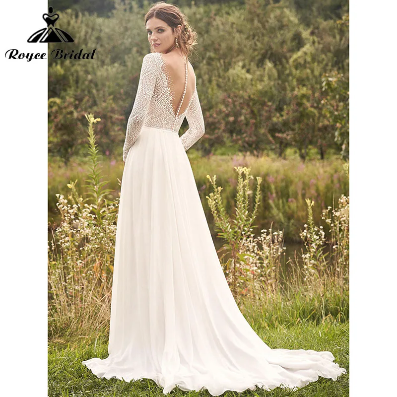 Roycebridal – robe de mariée élégante ligne A, style Boho, avec boutons au dos, manches longues, col en V, dos nu, dentelle, mousseline de soie