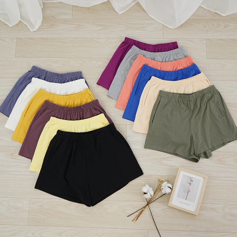 Women's Cotton Shorts Summer New Style Solid Color Loose Elastic Waist Casual Pocket Shorts Female Clothing