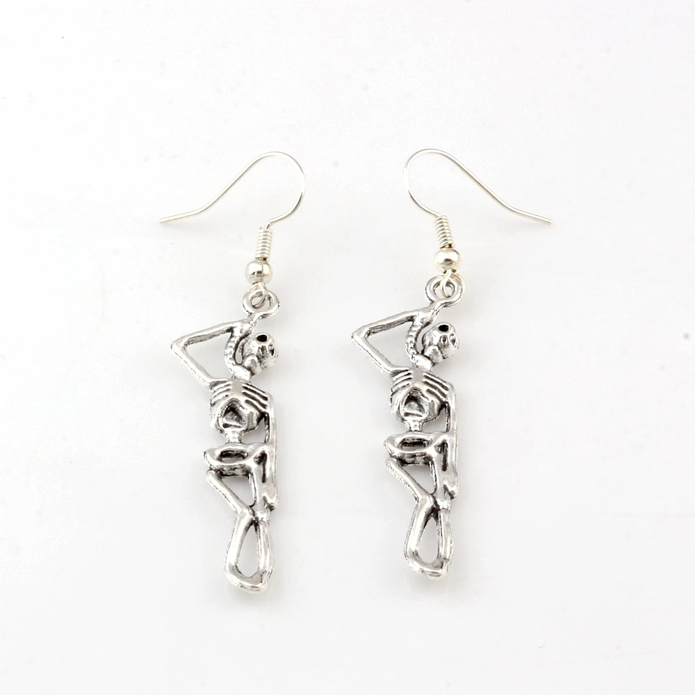 20Pair Alloy Vintage Skeleton Skull Drop Earrings Fish Ear Hook Chandelier For Women Goth Jewelry Party Gifts 12x59.5mm A-444e