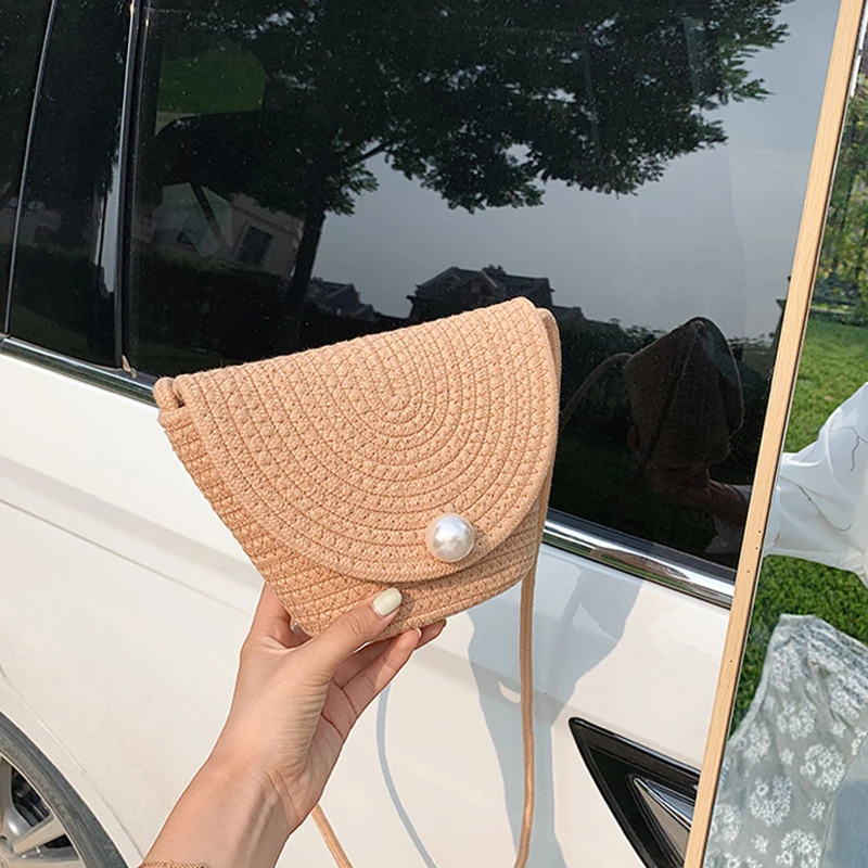Women Fashion Pearl Crossbody Bag Lady Elegant Small Straw Handbag Buckets for Female Summer Holiday Beach Casual Shoulder Bag