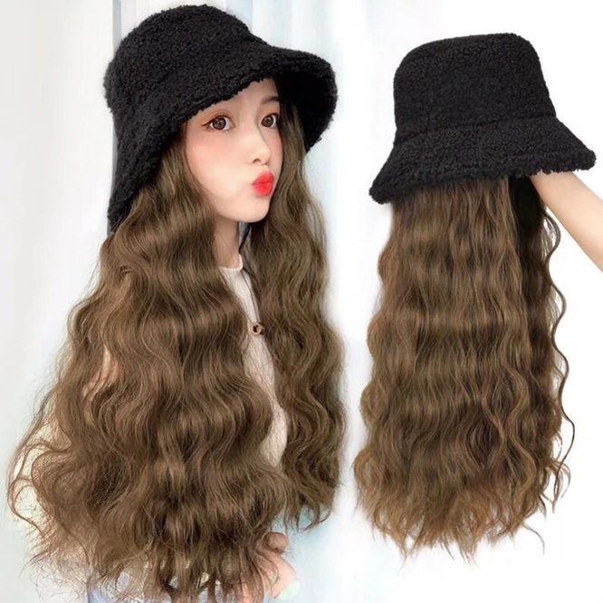 Lamb Wool Fisherman Hat Wig Hat Fashion Corn Hot Water Corrugated Long Curly Hair Female Hat Girl Decoration Black