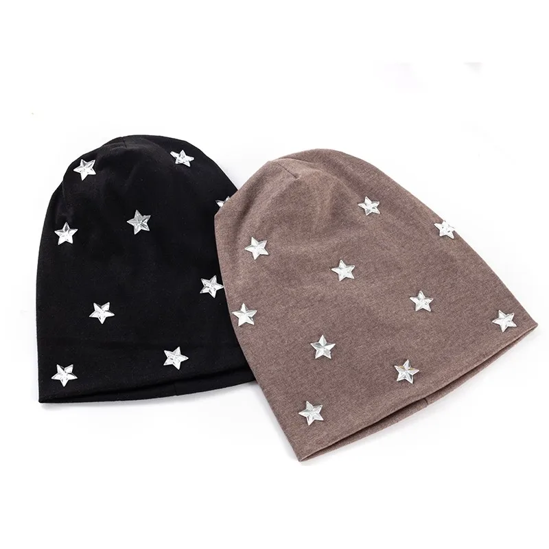 Casual Women Cotton Silver Stars Accessories Cap Beanies Solid Color Fashion Adult Men Handmade Hat Soft Beanie