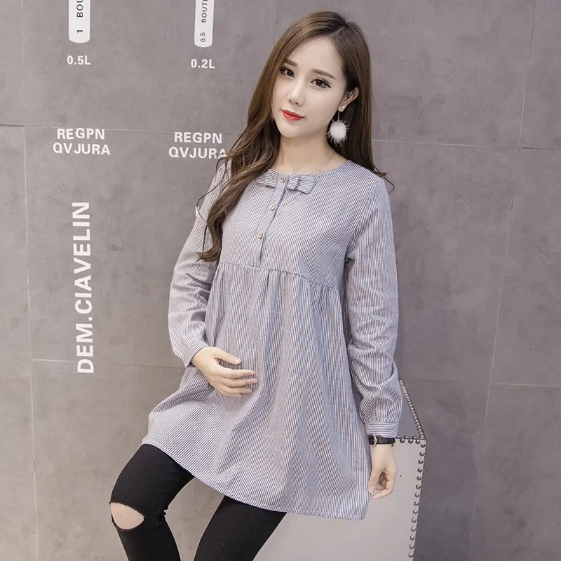 Shirts For Pregnant Women Bow Spring Loose comfortable Pregnancy Top Blouses Fashion Striped Maternity Clothes Casual shirtdress