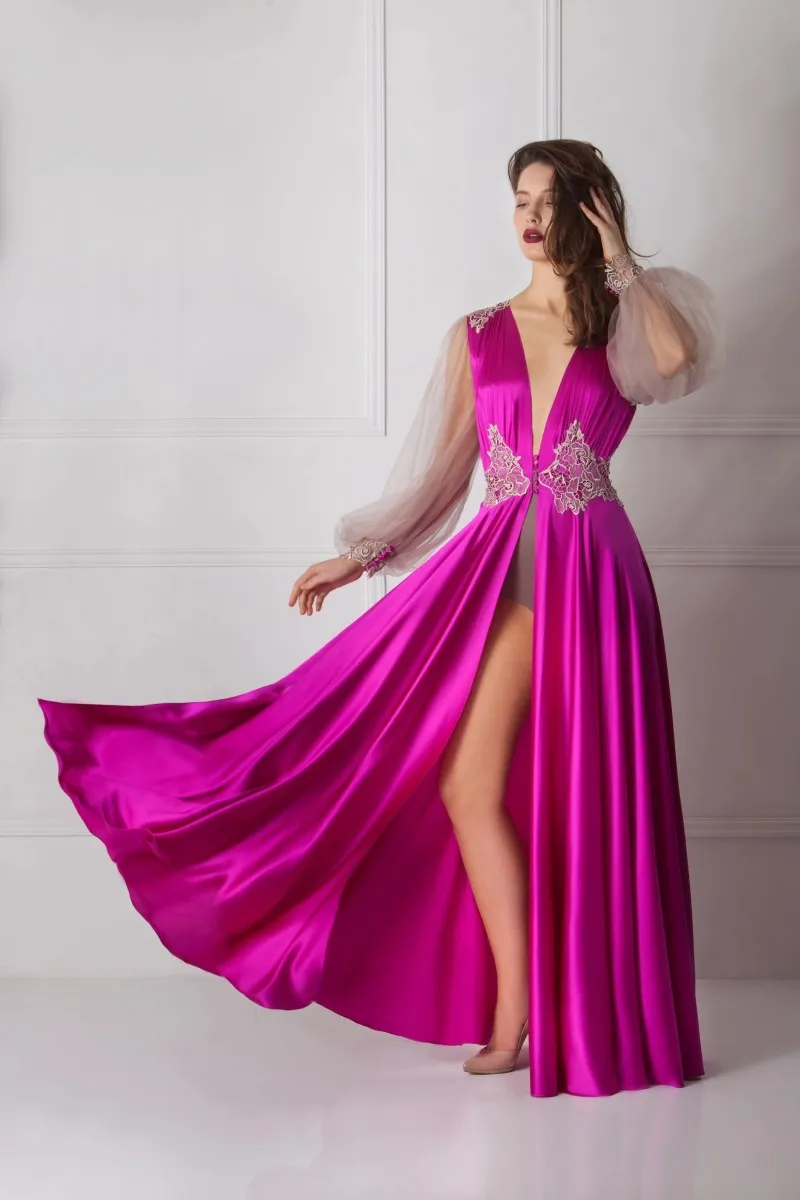 Fuchsia Bathrobe for Women Lace Full Length Lingerie Nightgown Pajamas Sleepwear Women's Luxury Gowns Housecoat Nightwear