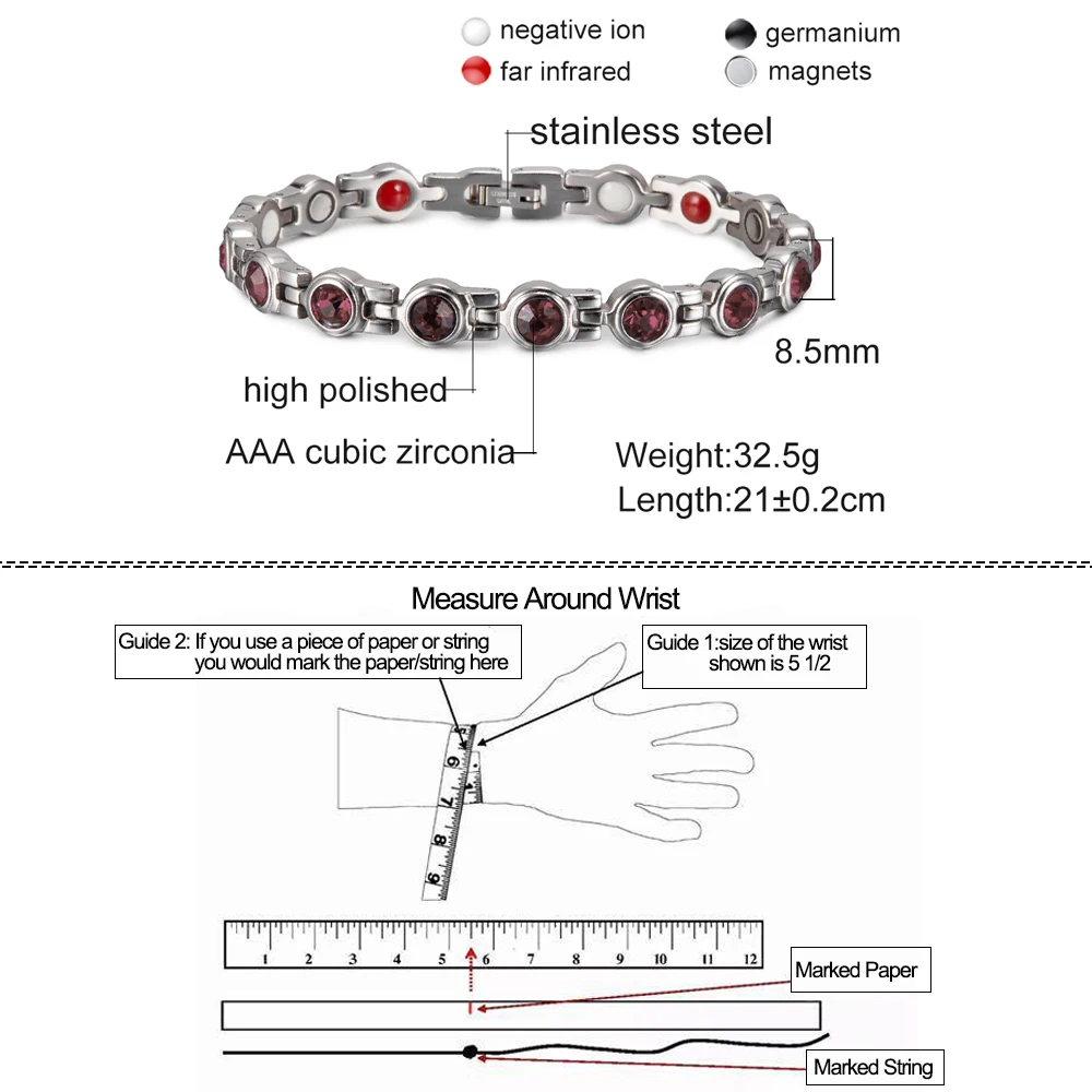 Magnet Health Bracelets AAA Zirconia Pink Stone Stainless Steel Bracelet Women Chain Therapy Arthritis Energy Bracelet for Women