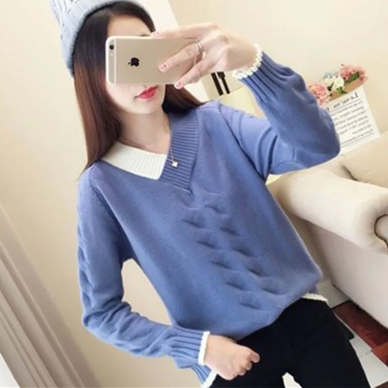 UHYTGF Sweater woman 2019 Fashion V-neck spring autumn sweater female color matching knit pullover casual short sweaters coat435