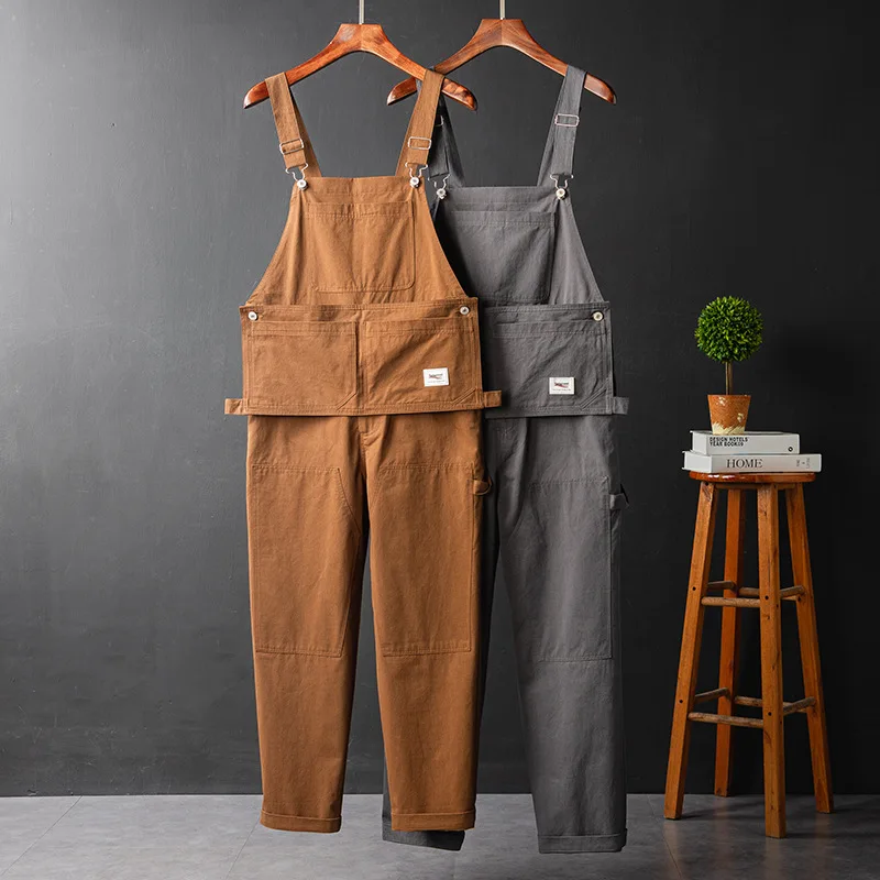 

100% Cotton Safari Men Bib Pants Detachable Baggy Casual Jumpsuit Streetwear Joggers Fashion Suspenders Men Cargo Overall Romper