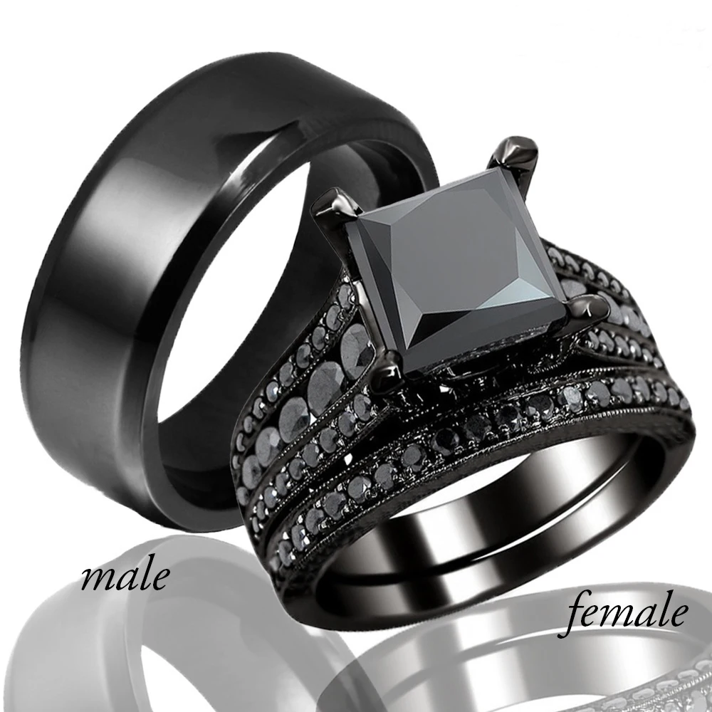 Carofeez Black Engagement Wedding Couples Ring Womens zircone Rings Set Mens Rings Lover regalo di san valentino