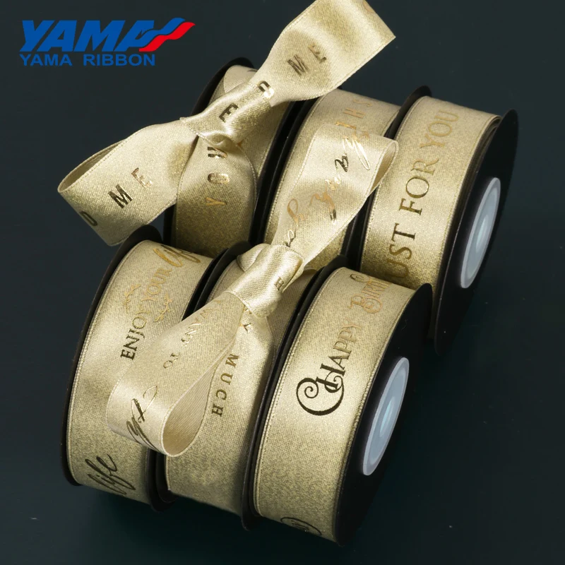 YAMA 10yards/roll Gold Foil Printed Gold Purl Satin Ribbon 22mm Light Luxury Style Ribbons For DIY Gift Packaging Decoration