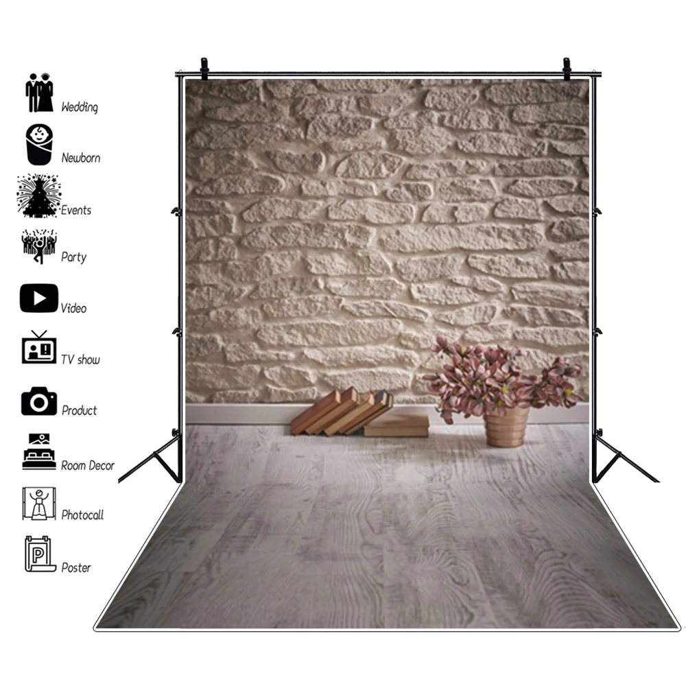 Laeacco Vintage Brick Wall Wooden Floor Books Flowers Grunge Baby Portrait Photography Backdrops Photo Backgrounds Photozone