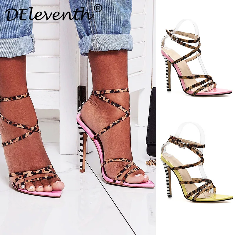 

Women Sandals Thin High heels Gladiator Buckle Strap Fashion Shoes Pointed Toe Flock 11.5CM sandal women shoes 2023 size 35-42