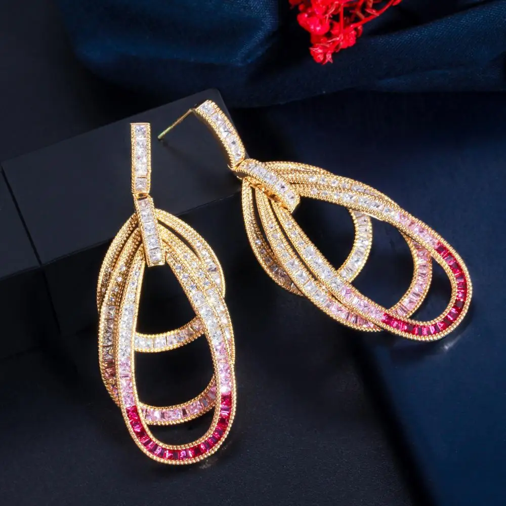 CWWZircons Luxury Multiple Round Pink Red Cubic Zircon Long Big Geometric Drop Dangle Earrings Female Wedding Prom Jewelry CZ801