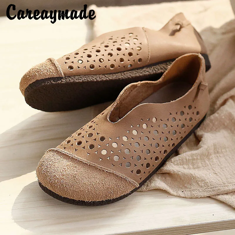 Careaymade-Summer new Original Vintage pure Handmade genuine Leather leisure Shoes,hollowing out flat single shoes,3 colors