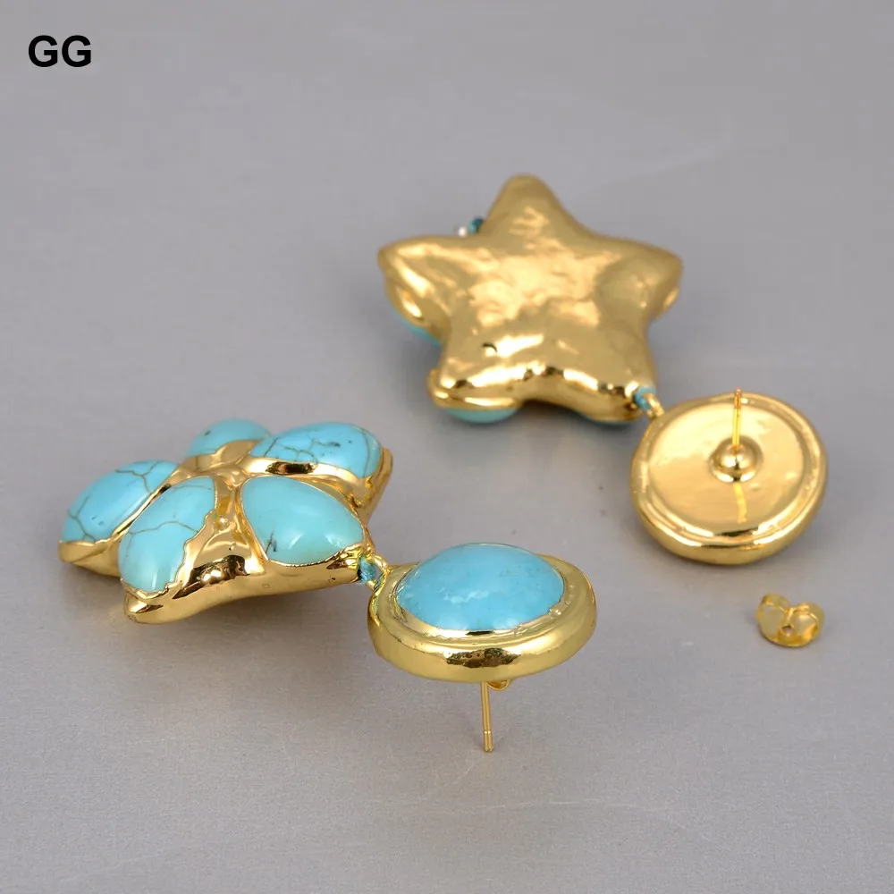 Natural Gold Color Plated Turquoises Flower Blue Stone Slice Leverback Earrings For Women Lady Girl Gift Jewelry