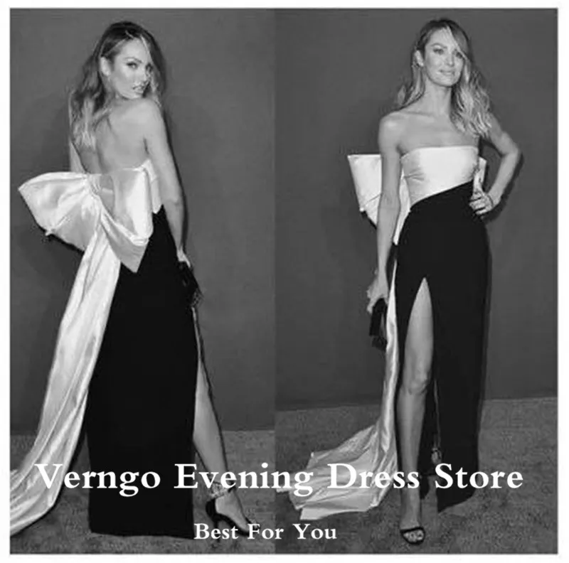 Verngo Stijlvolle Witte En Zwarte Maxi Avondjurk Strapless Side Slit Lange Prom Jassen Grote Boog Terug Formele Celebrity Jurken