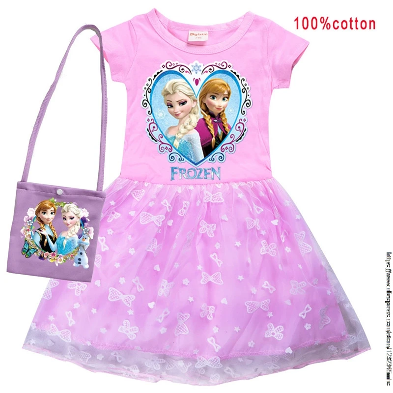 Spring Elsa Girls Cosplay Cartoon Disney Kids Summer Short Sleeve Princess Dress +Bag Up Children Birthday Party Clothing