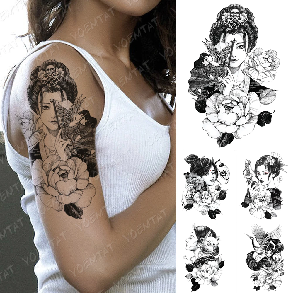 

Waterproof Temporary Tattoo Stickers Beauty Flower Bird Fan Flash Tattoos Female Black Japanese Geisha Body Art Arm Fake Sleeve