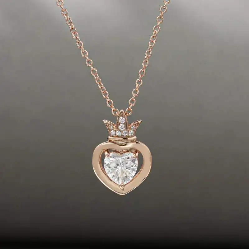 

Trendy 1ct D Color VVS1 Moissanite Heart Crown Necklace 18k Rose Gold Plated 925 Sterling Silver Charm Necklace for Women Gift