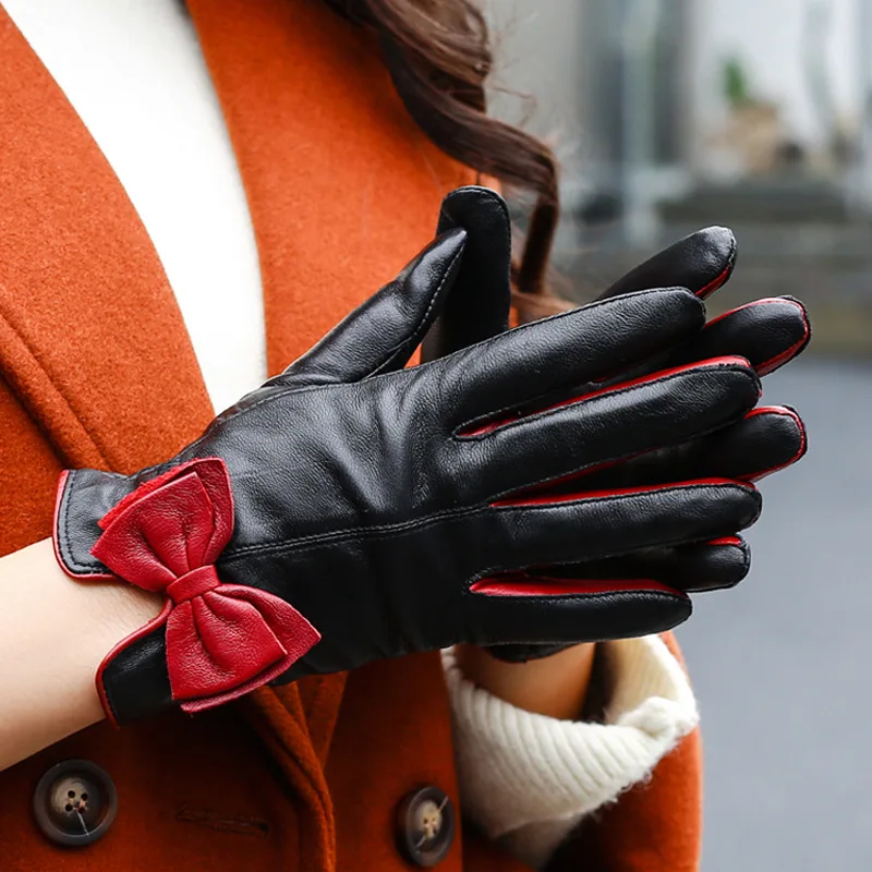 Real Sheepskin Leather Gloves for Women, Sheepskin Bow, Female Hand Gloves, Outdoor Hot Mittens, Winter Fashion, S2808