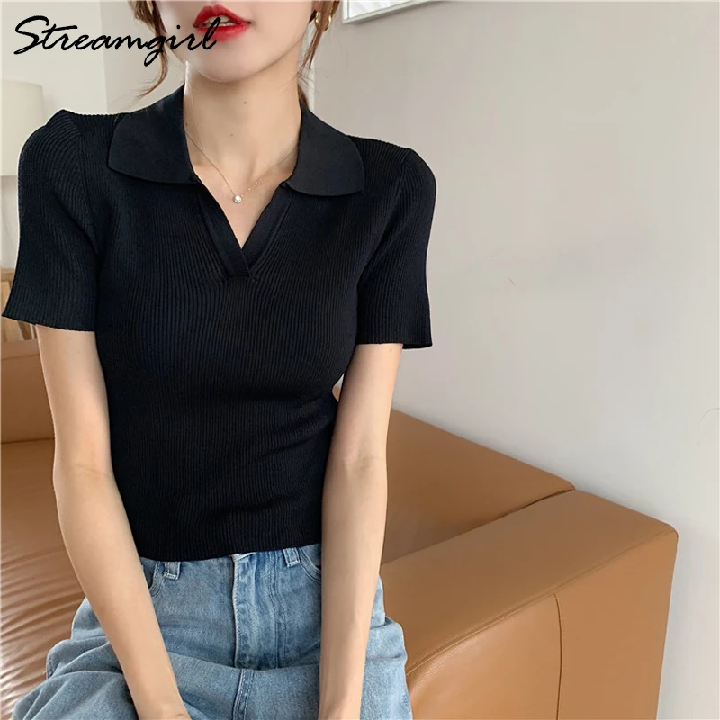 Streamgirl Polo Crop Top Women Summer 2021 Knitted Ice Silk T Shirt Short Sleeve Cropped Tshirts Women T-shirt Knitted Summer