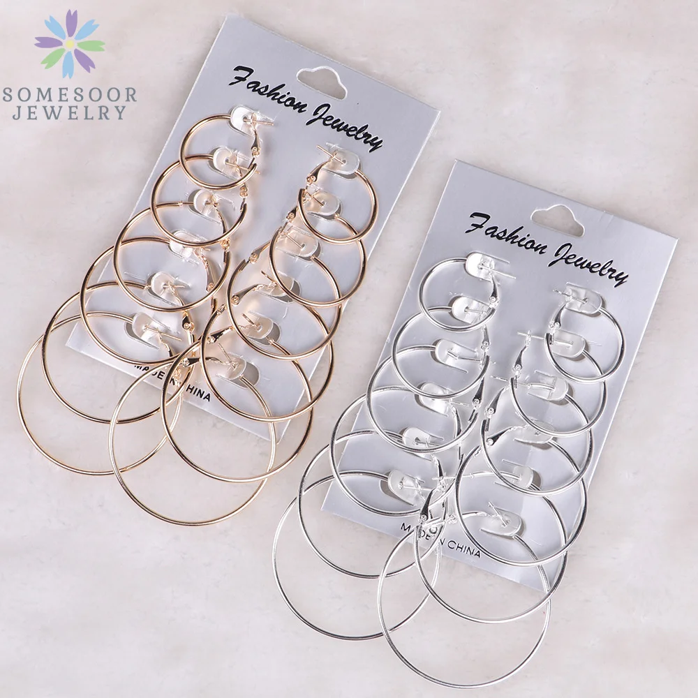 SOMESOOR Silver Golden Colors Simple Punk Hoops Earrings Big Circle Fashion Hiphop Loops Jewelry For Women Girls Gifts 6Pairs