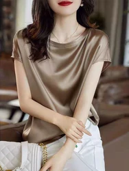 Silk Thin Short Sleeve Tees Korean Style Slip Woman Summer Clothes Elegant Black Brown Tops Solid Loose Casual 4XL