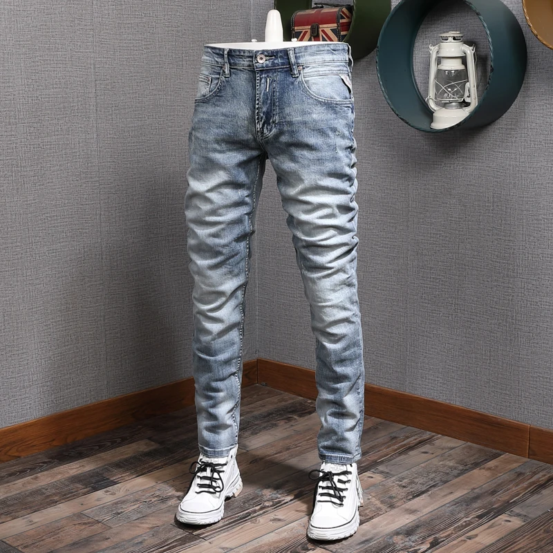 

Casual Light Blue Jeans Men Classic Regular Fit Straight Denim Pants