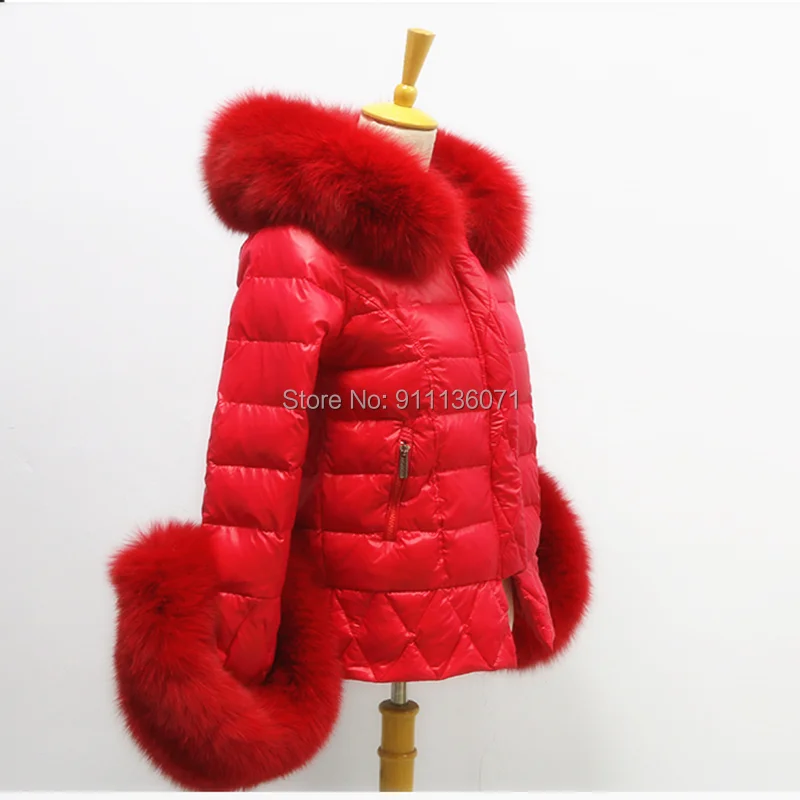 Custom Real Fox Fur Big Hood Puffer Jacket For Ladies Women Children Size White Duck Down Coat  with cuff