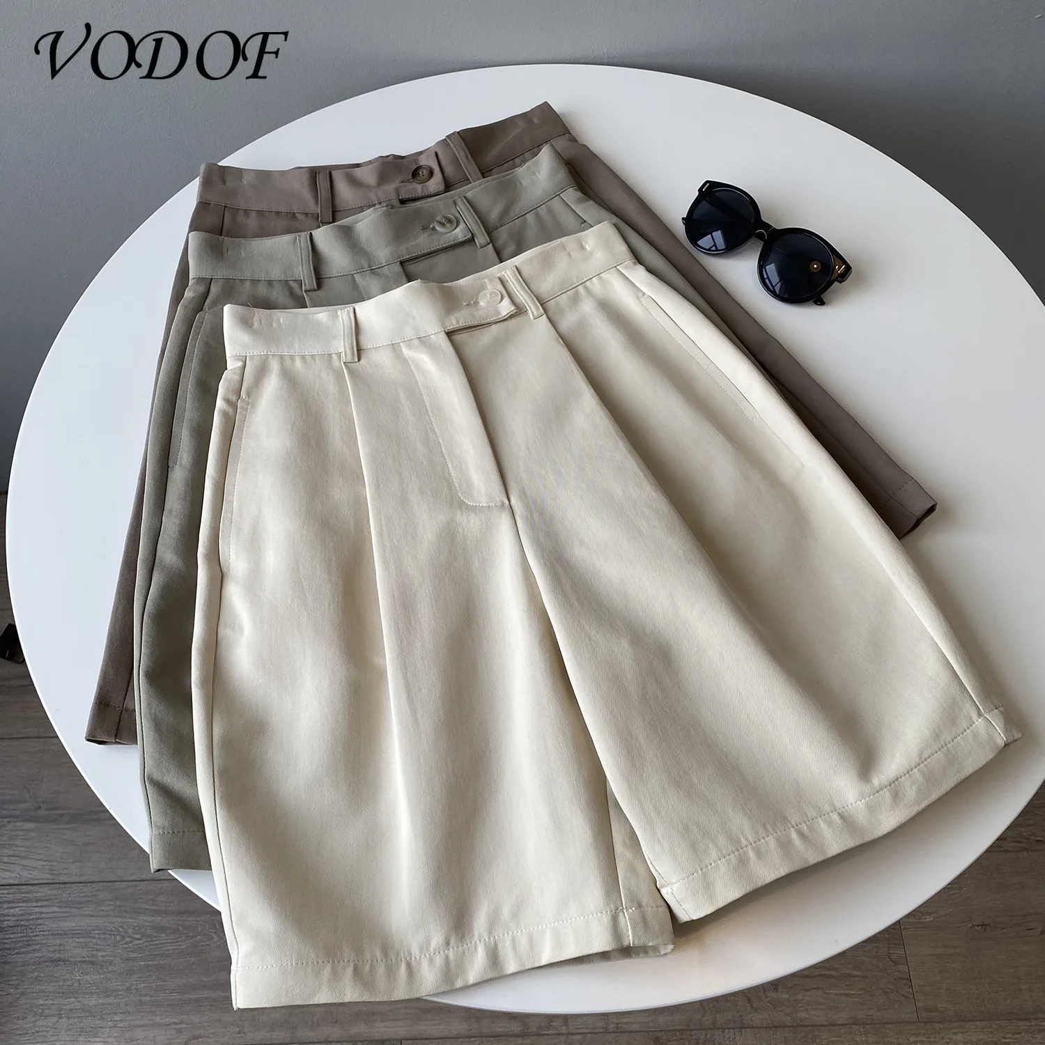 VODOF Fashion Chic Pure Color Loose Ladies Shorts High Waist Pocket Summer Women's Wide Leg Shorts 2021