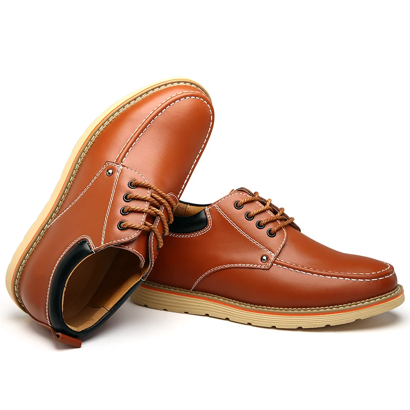 Sapatos de couro de vaca para homens, salto escondido, 6cm, elevador, grão cheio, renda, casual, vestido formal, marrom