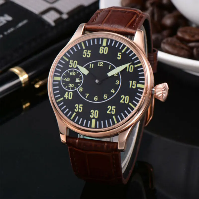 Corgeut 44mm Mens Wristwatch Luminous Rosegold Case Green Number 3600 Hand Winding Movement Mechanical Fashion Watch 6497