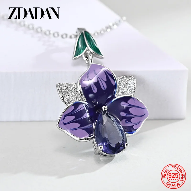 Zddan – ensemble de colliers et boucles d'oreilles en argent Sterling 925 pour femmes, bijoux Glamour à la mode, cadeau de mariage, fleur violette