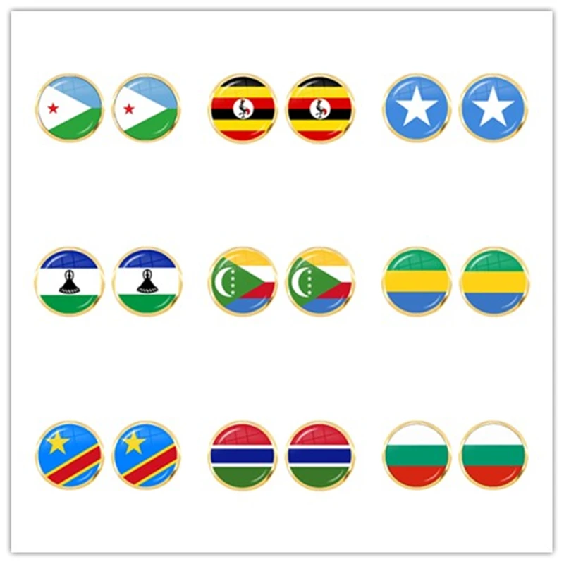 Djibouti,Uganda,Gambia,Congo,Gabon,Comoros,Lesotho,Somalia,Bulgaria National Flag Glass Cabochon Stud Earrings Jewelry For Women