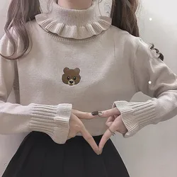 Harajuku Cute Bear Girl Turtleneck Sweater Vintage High Neck Kawaii Female Knitted Pullover Women Ruffle Slim Jumper White Black