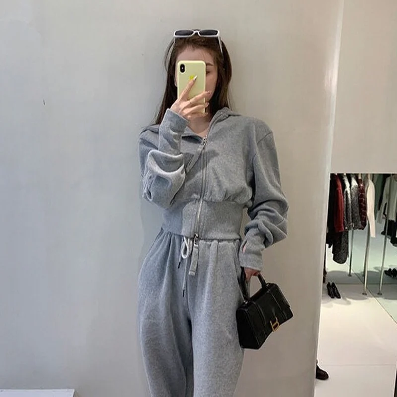 Pant Sets Women Casual Elastic Waist Cropped Hooded Pleated Solid Summer 2021 New Chic Fashionable Korean Style Ladies Outfit