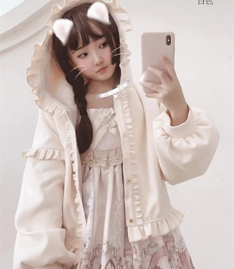 Japanese sweet Lolita coat autumn/winter plus velvet thickening wool Lolita kawaii jacket student long sleeve coat