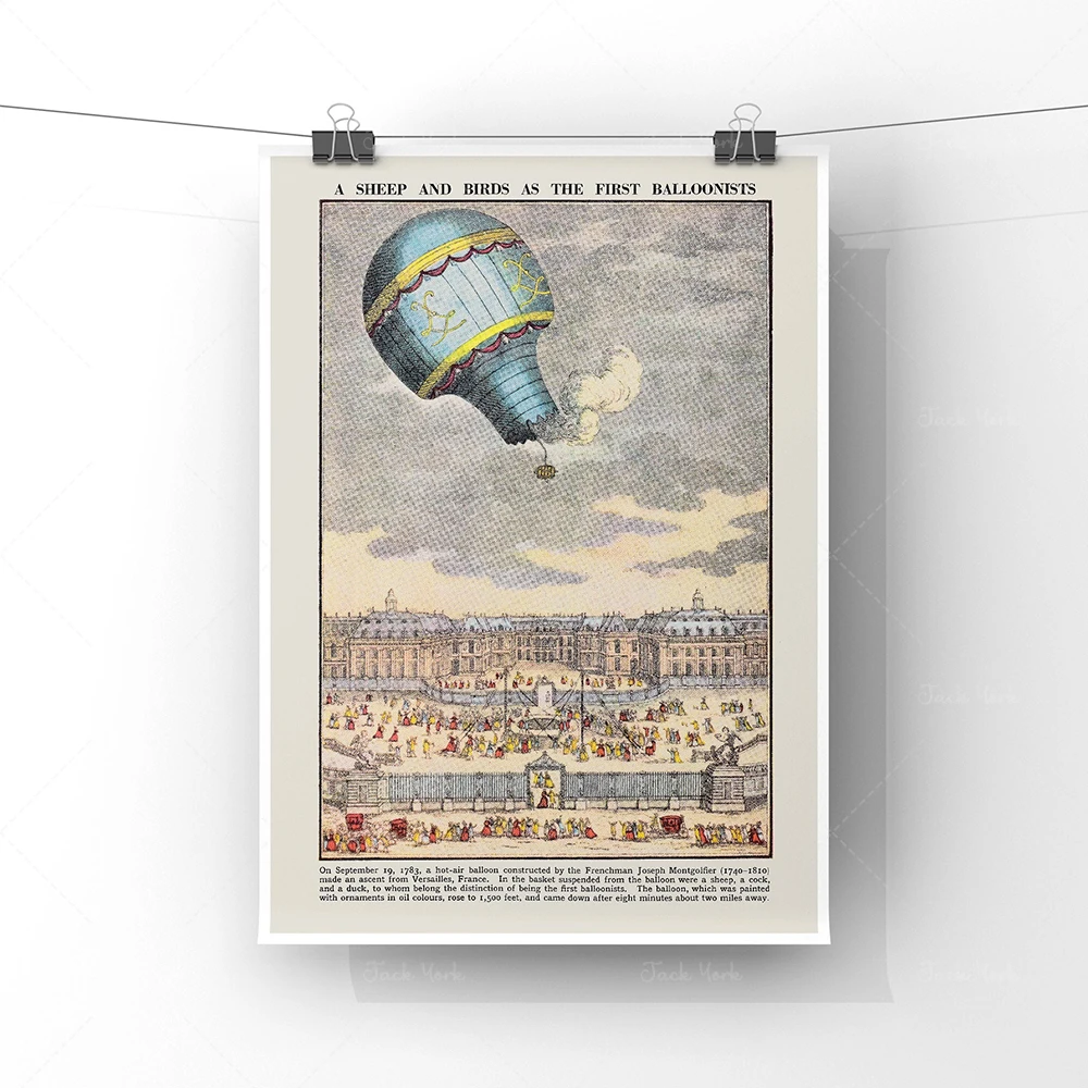 Blue Victorian Hot Air Balloon Print | Sheep and Bird as the First Balloon Poster | CLIPARTO Frameless Victoria Book Page Print