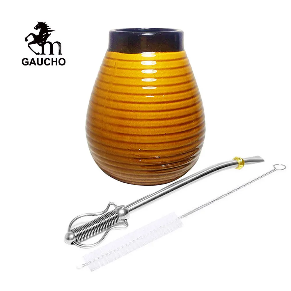 1 Set/Lot Yerba Mate Gourds Ceramic Calabash Cups Emboss Stripe With Stainless Bombilla Filter Straw And Cleaning Brush Hot Sale