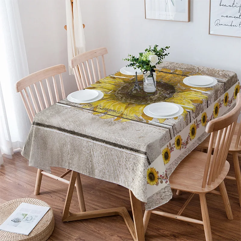 Farm Sunflower Vintage Wood Rustic Tablecloths Waterproof Kitchen Items Coffee Table For living Room Home Decor Dining Table