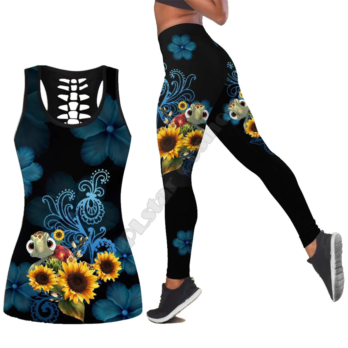 

Sea turtle Polynesian 3D Printed Hollow Out Tank Legging Suit sexy Yoga Fitness Soft Legging Summer Women For Girl 47