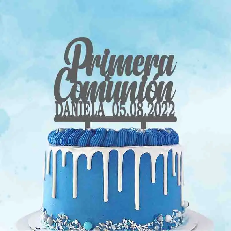 الإسبانية Primera Comunión + قم بتخصيص اسمك تاريخ كعكة توبر للأطفال أول مناولة حفلة كعكة الديكور توبر YC004